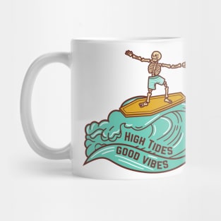 High Tides Good Vibes Vintage Surfing Skeleton Mug